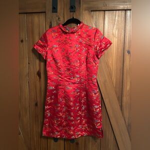 Vintage Red Cheongsam / Qipao Style Dress | Asian-Inspired | Satin Brocade | 90s